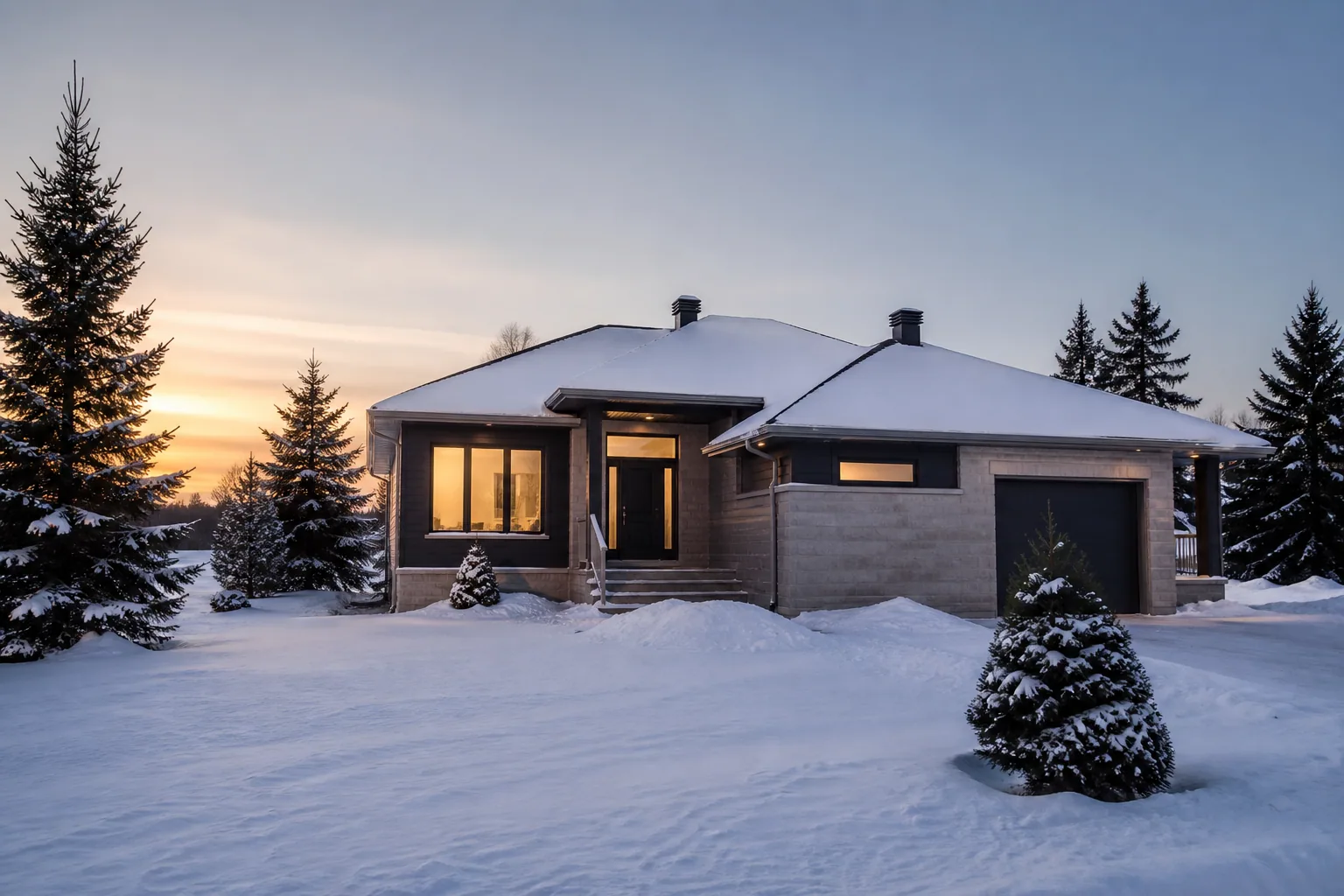 Maison québécoise confortable pendant un matin d’hiver
